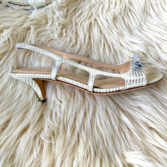 Kate Spade New York Leather Butter yellow Silver sandals bows mini heels Italy! - Picture 3 of 12